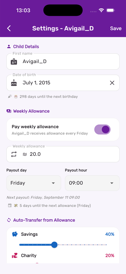 Weekly allowance settings in Kupa3