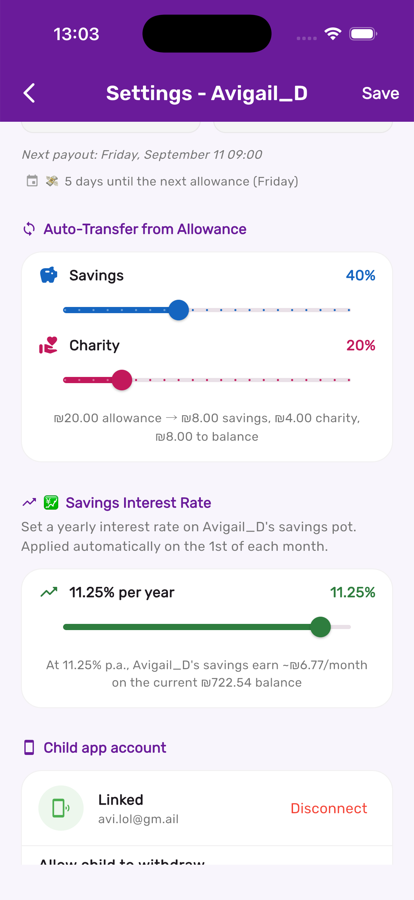 Auto-transfer sliders for savings and charity in Kupa3