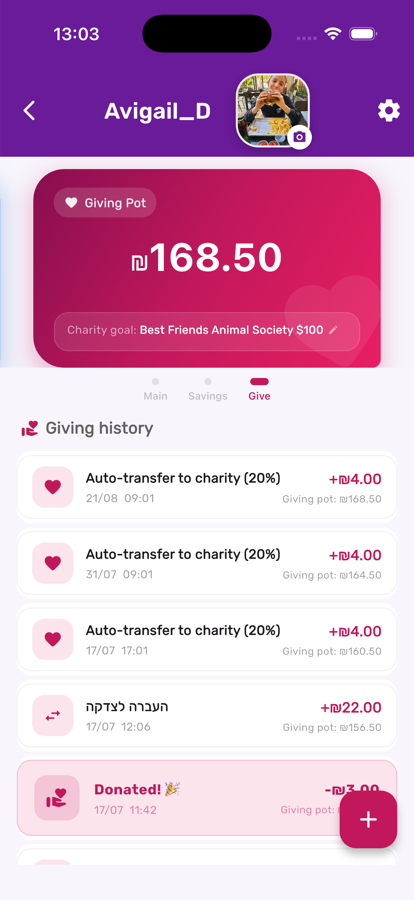 Charity pot with goal name and giving history in Kupa3