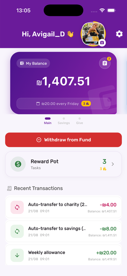 A child's own view showing the upcoming allowance in Kupa3