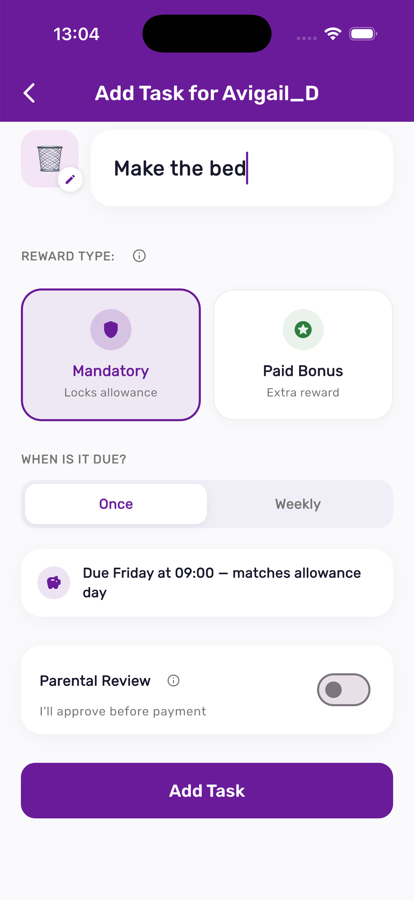 Creating a new chore in Kupa3