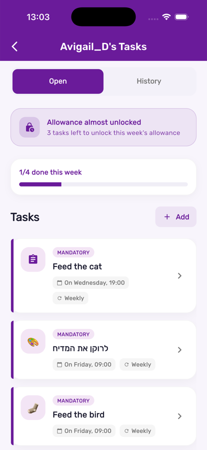 Weekly chore progress in Kupa3