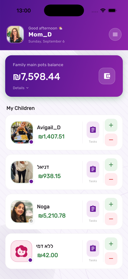 Parent home screen listing every child in Kupa3