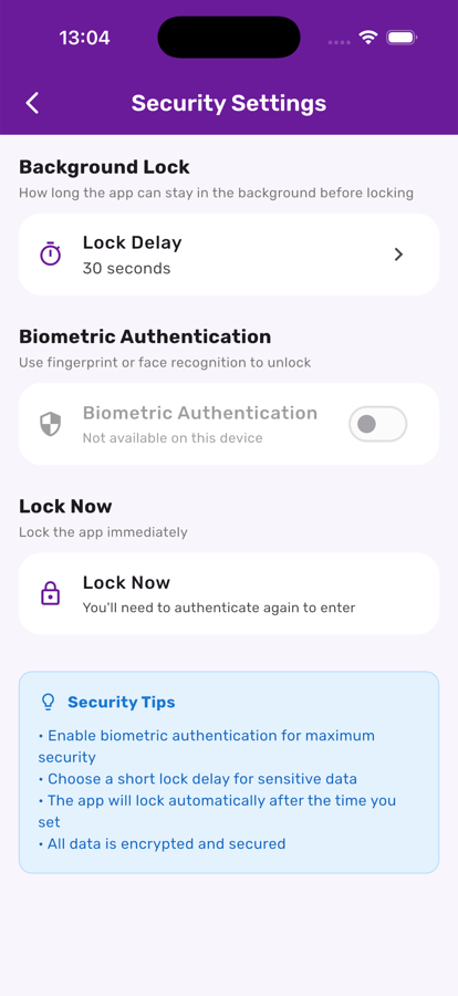 Security settings screen in Kupa3